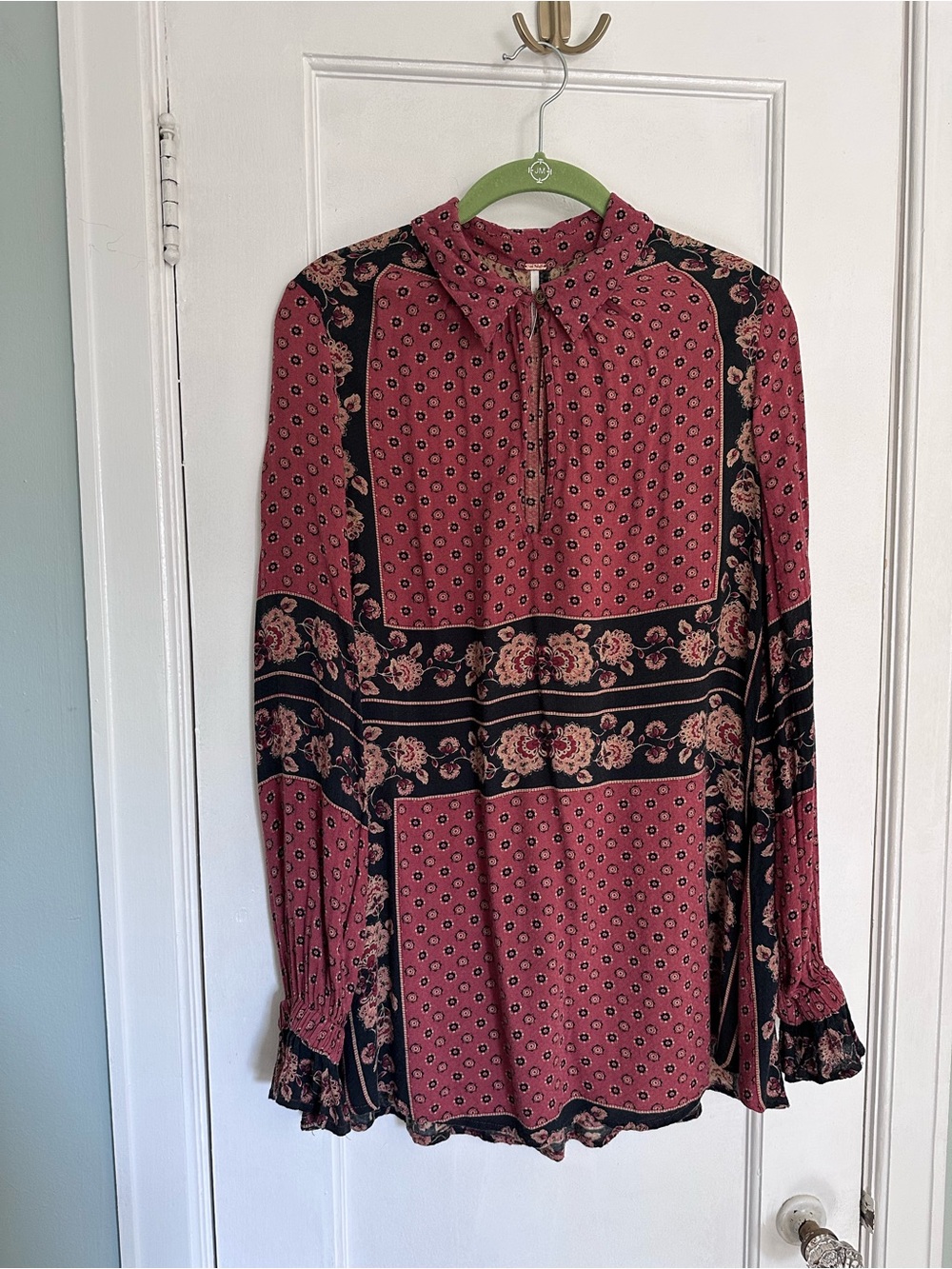 Free People Rose and Black Floral Tie-Neck Blouse